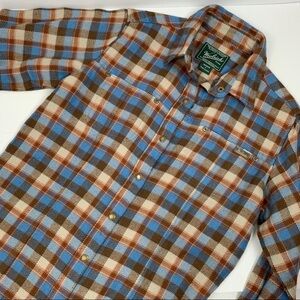 Woolrich Blue Brown Beige Plaid Flannel Pearl Snap Shirt Size Small Soft & Comfy